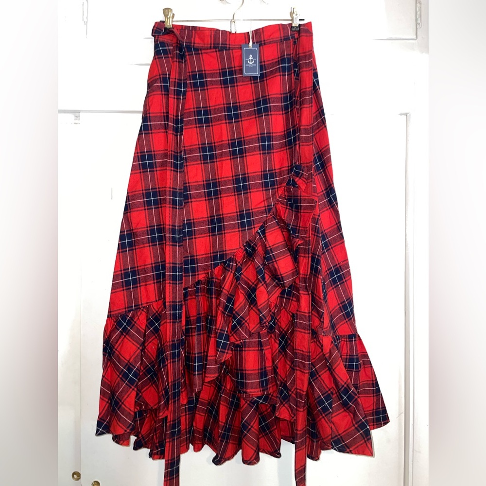 Kiel James Patrick Apple Pie Skillet Ruffle Skirt Wrap plaid red tartan cotton.